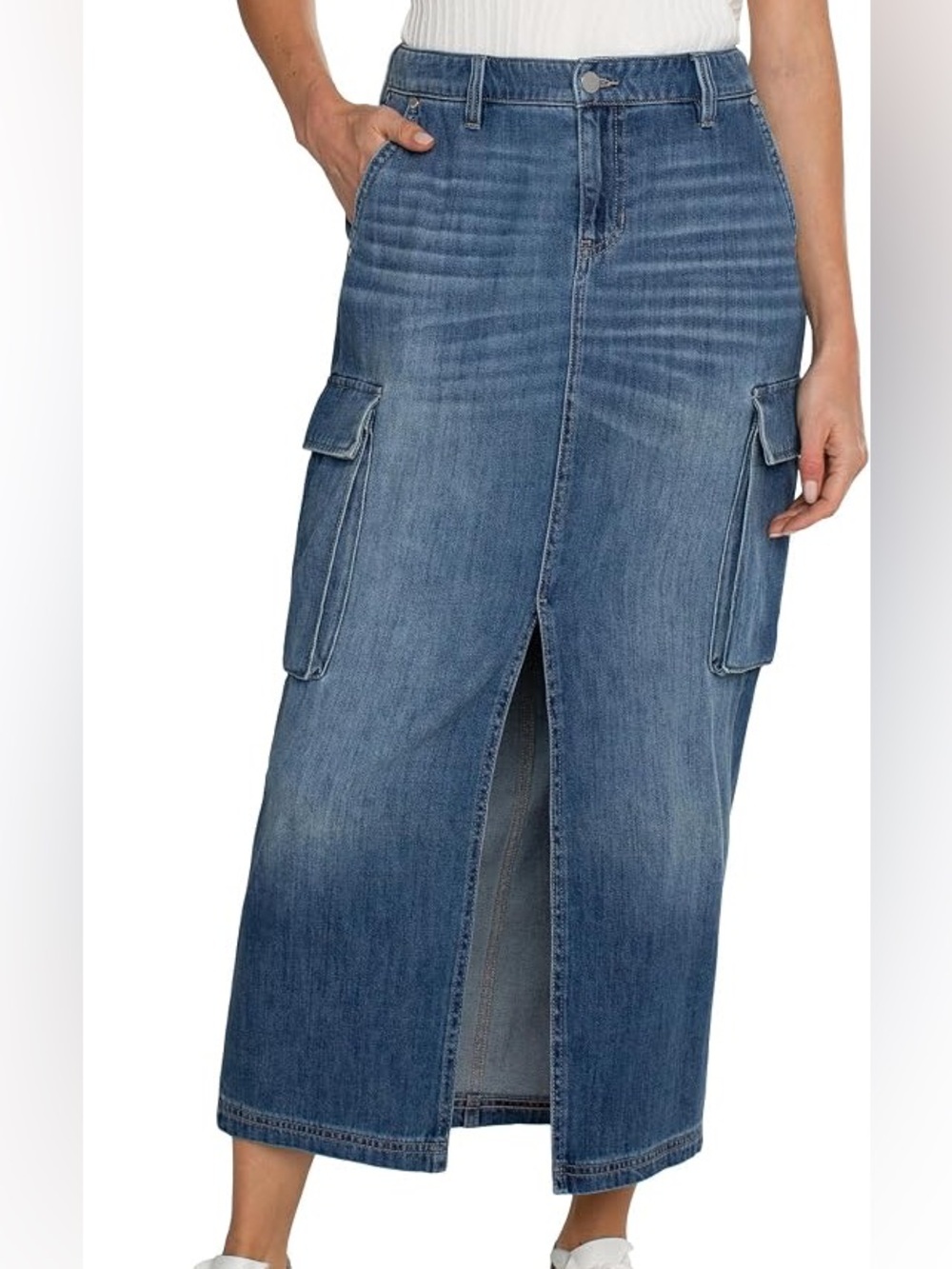 Liverpool Los Angeles Bellow Denim Cargo Maxi Skirt Front Slit Y2K Fall Sz 8/29